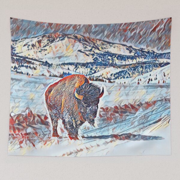 Aperçu de l'œuvre Buffalo dans une tempête de neige avec des montagnes en arrière-plan créée et vendue par UnlockingDesign.