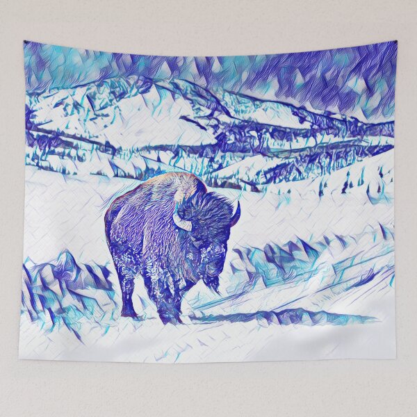 Item preview, Buffalo in snow storm with mountains in the background pen art designed and sold by UnlockingDesign.