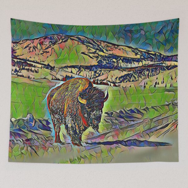 Item preview, Buffalo animal with mountains in the background green watercolor painting designed and sold by UnlockingDesign.