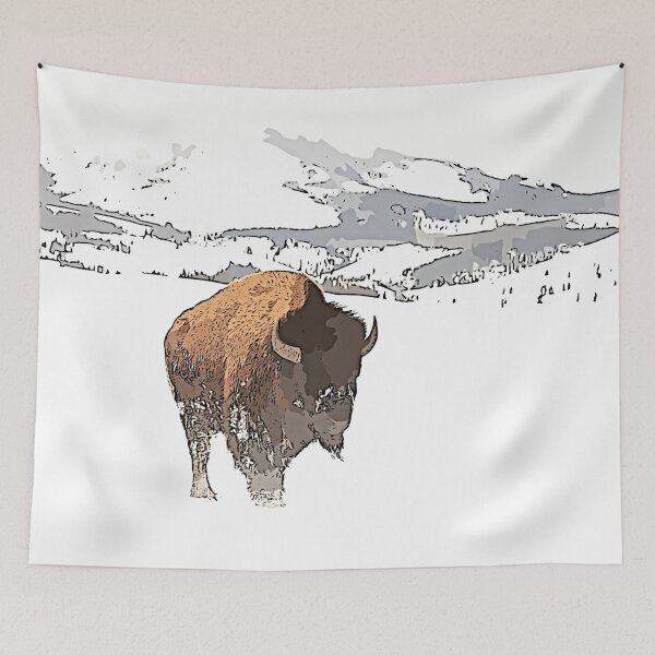 Item preview, Buffalo animal with mountains in the background illustration drawing designed and sold by UnlockingDesign.