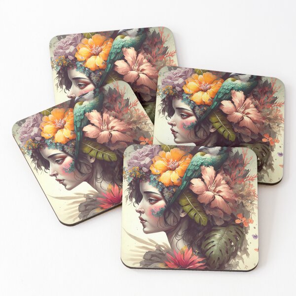 Item preview, Colorful watercolor female portrait covered with tropical flowers and a bird designed and sold by RK - Shop.