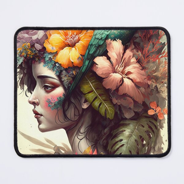 Item preview, Colorful watercolor female portrait covered with tropical flowers and a bird designed and sold by RK - Shop.