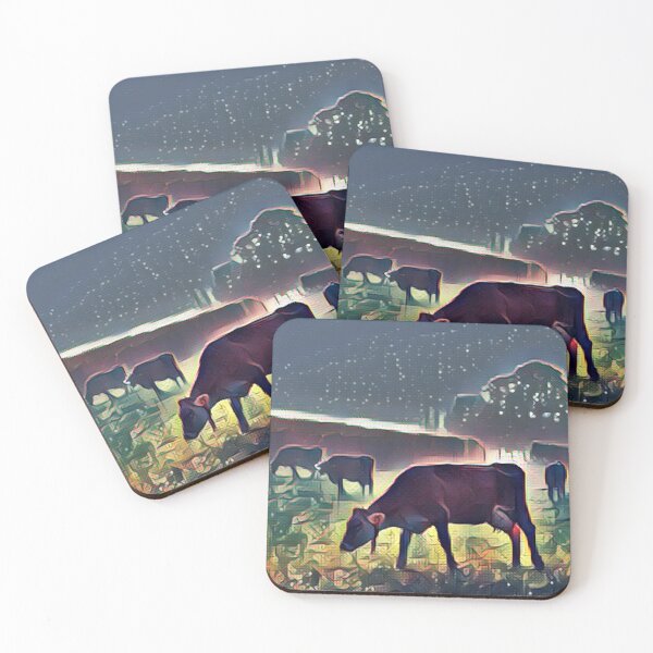 Item preview, Farm Cows grazing the pasture at night time painting designed and sold by FarmsteadAcers.