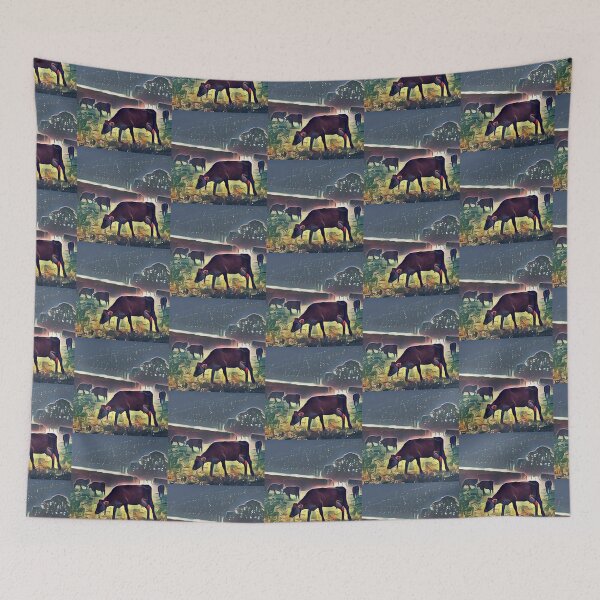 Item preview, Farm Cows grazing the pasture at night time painting designed and sold by FarmsteadAcers.