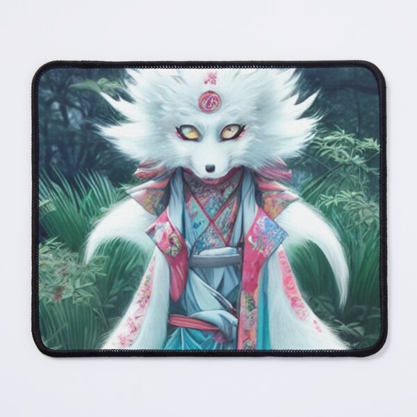 Item preview, vexing. male kitsune. white hair. turquoise eyes. 9 fluffy tails. in elegant asian clothes. small kitsune mask. elegant pose. anime 2023 designed and sold by pohapoha181.