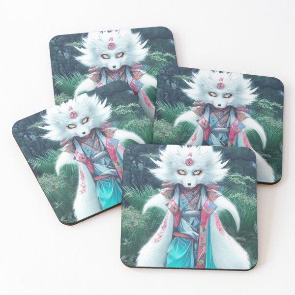 Item preview, vexing. male kitsune. white hair. turquoise eyes. 9 fluffy tails. in elegant asian clothes. small kitsune mask. elegant pose. anime 2023 designed and sold by pohapoha181.