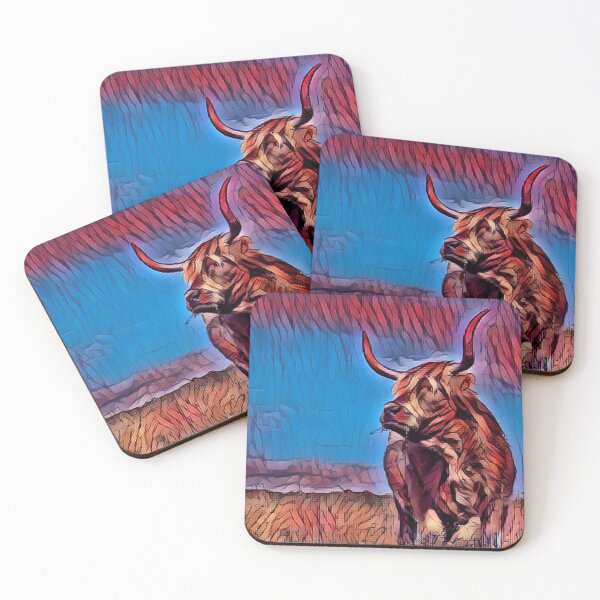 Item preview, Blue and Red Highland Cow Longhorn Artwork designed and sold by FarmsteadAcers.