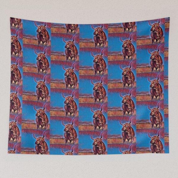 Item preview, Blue and Red Highland Cow Longhorn Artwork designed and sold by FarmsteadAcers.