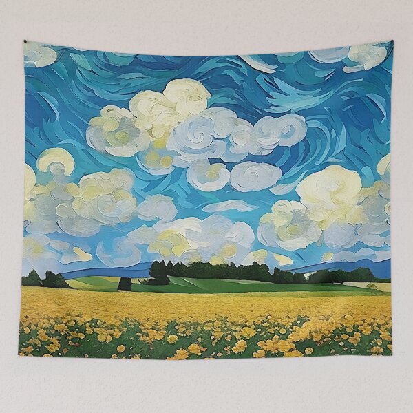 Item preview, Field of Yellow Flowers Below a Cloud Filled Sky Van Gogh Style Painting designed and sold by sunflowerlight.