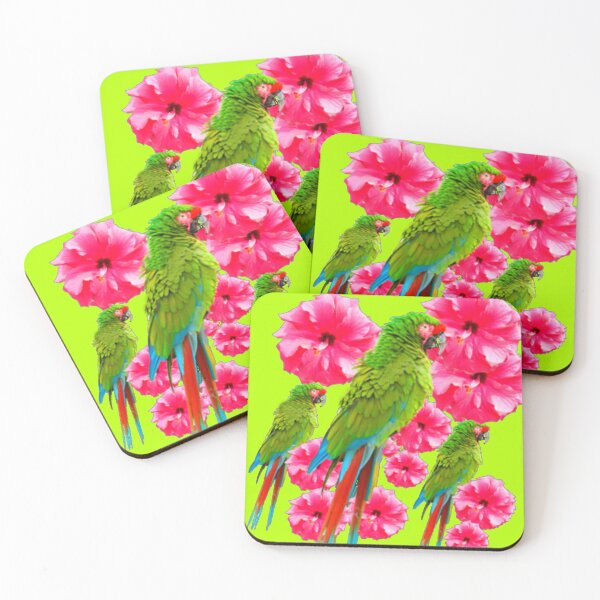 Item preview, GREEN MACAWS PINK HIBUISCUS CHARTREUSE GREEN ART   designed and sold by sharlesart.