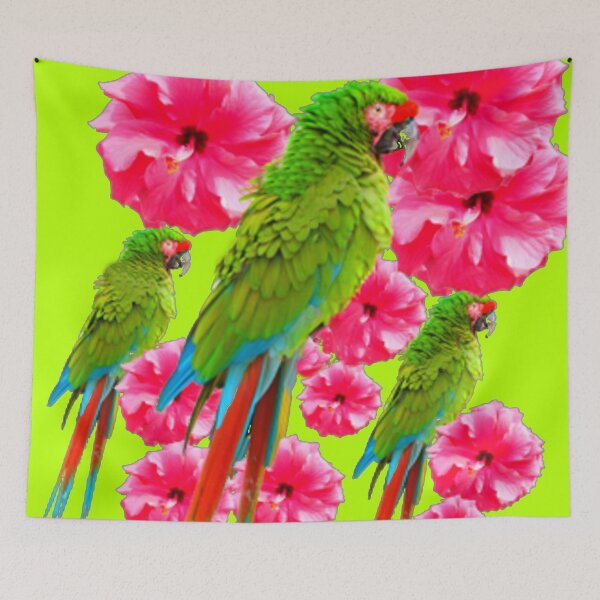 Item preview, GREEN MACAWS PINK HIBUISCUS CHARTREUSE GREEN ART   designed and sold by sharlesart.