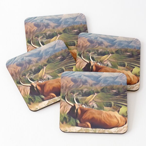 Item preview, Resting Brown Long horned Cow Mountain top view designed and sold by FarmsteadAcers.