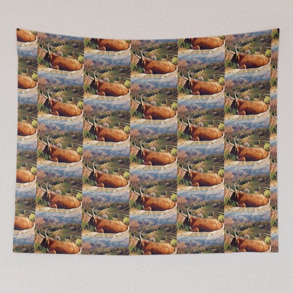 Item preview, Resting Brown Long horned Cow Mountain top view designed and sold by FarmsteadAcers.