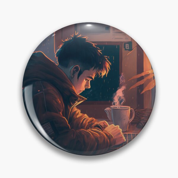 Item preview, Lofi boy sitting alone drinking coffee in front of a laptop designed and sold by ARTeez⭐️⭐️⭐️⭐️⭐️.