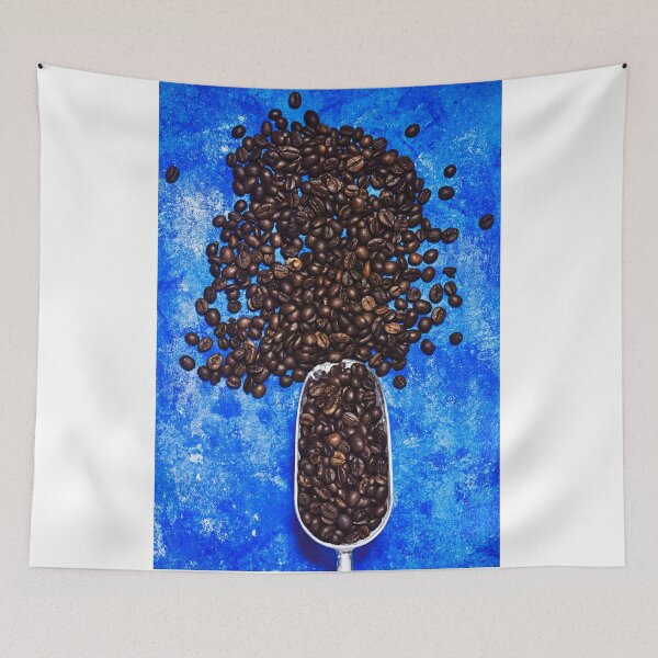 Item preview, coffee bean and scoop on blue grunge background designed and sold by sigoisette.