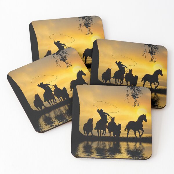Item preview, Country Western Roping Cowboy with Herd of Horses Sunset and Water Reflection designed and sold by Stephanie Laird.