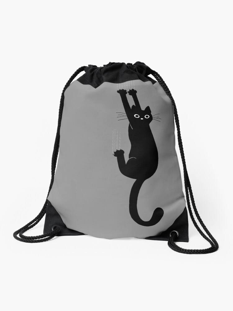 Thumbnail 1 of 3, Drawstring Bag, Black Cat Holding On designed and sold by ShortCoffee.