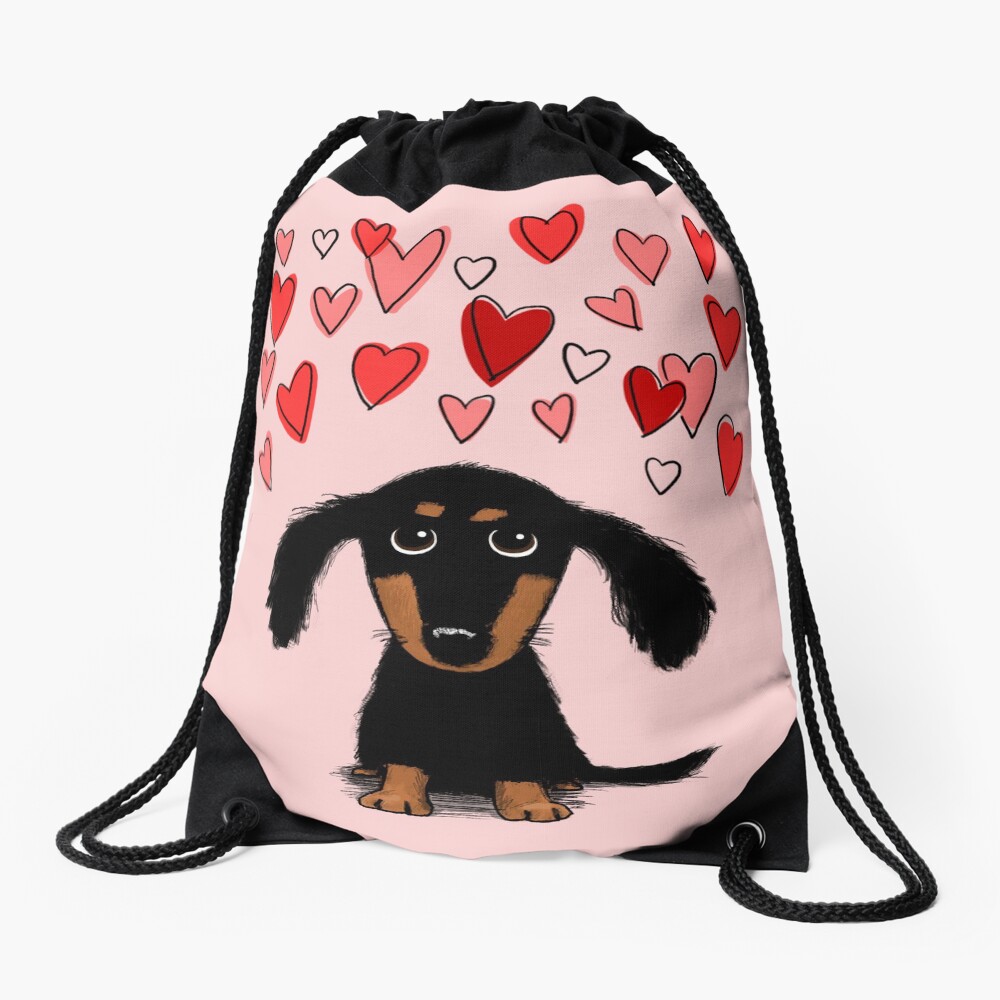 Cute Dachshund Puppy Dog with Valentine Hearts Drawstring Bag