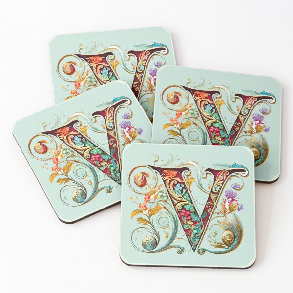 Item preview, Art Font Letter V: Art Nouveau Style, Unique and Colorful, Light Green Background designed and sold by factory88.