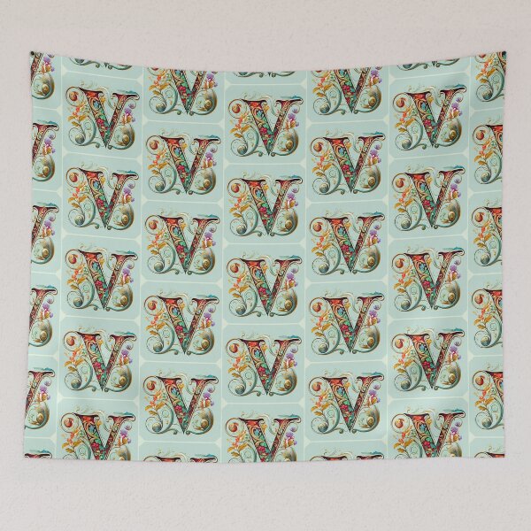 Item preview, Art Font Letter V: Art Nouveau Style, Unique and Colorful, Light Green Background designed and sold by factory88.