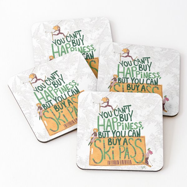 Item preview, You can't buy happiness, but you can buy a ski pass | ski quote with female athletes and a ski pass | red, green, yellow designed and sold by Ingrid Poole.