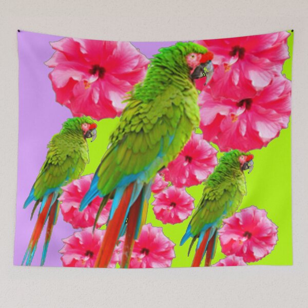 Item preview, DECORATIVE GREEN MACAWS PINK HIBISCUS LILAC ART designed and sold by sharlesart.