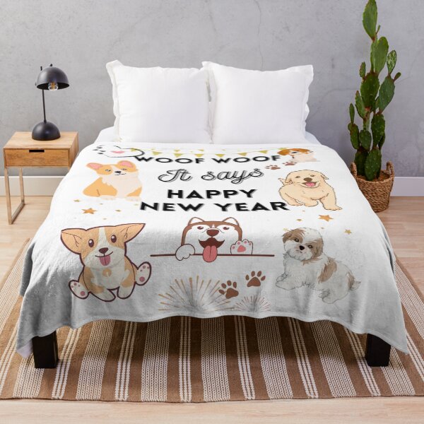 Item preview, Woof woof it says HAPPY NEW YEAR white background designed and sold by mark-taylor.