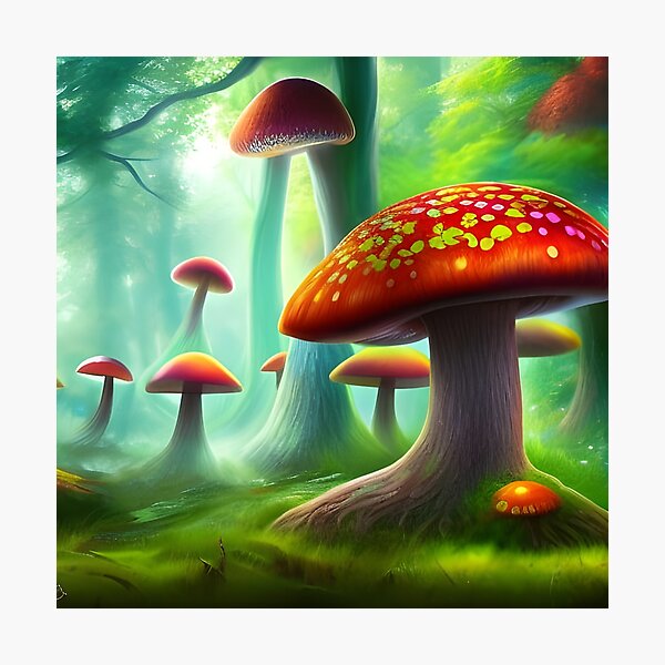 Art Print Mushroom on a log 8x8 Matte Art Print - cute Kawaii red mushroom  cottage core wall art