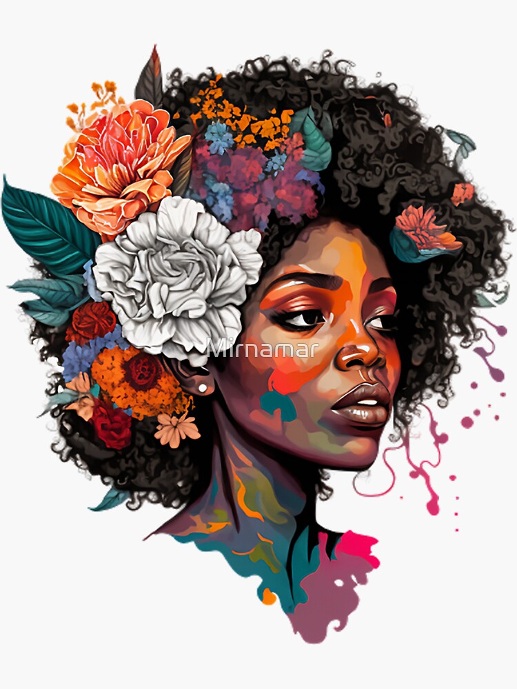 Aperçu 3 sur 3. Sticker avec l'œuvre Cheveux noirs naturels afro femme africaine créée et vendue par Mirnamar.