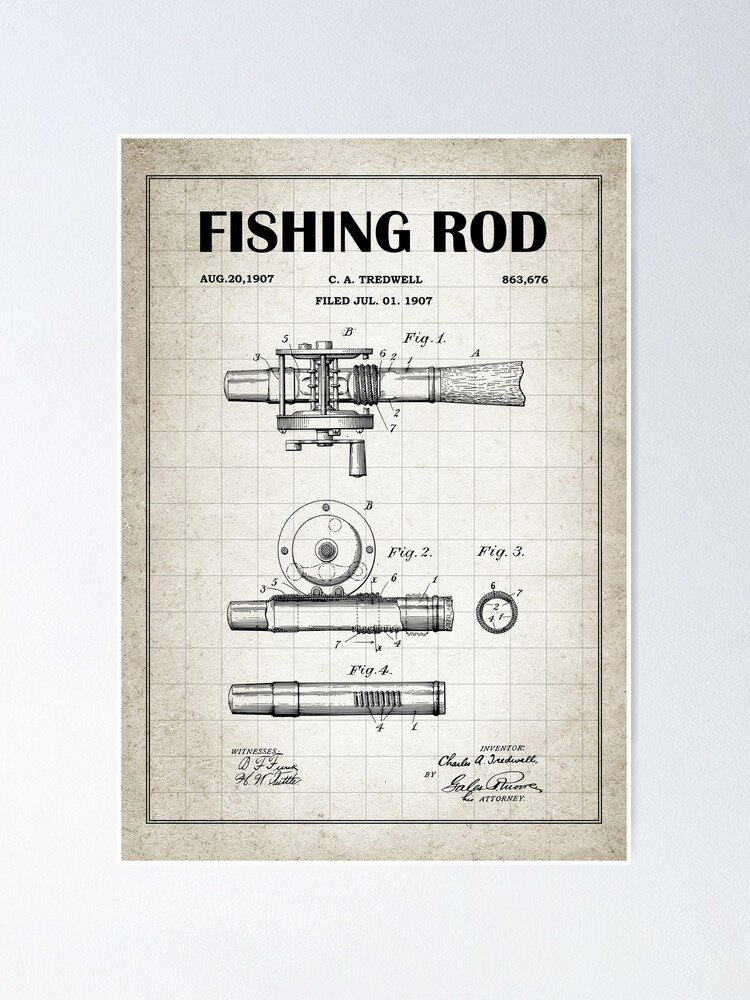1907 Fishing Reel Patent - Fishing Rod patent blueprint- vintage drawing  art- black chalkboard - green chalkboard Poster for Sale by ismdesigner