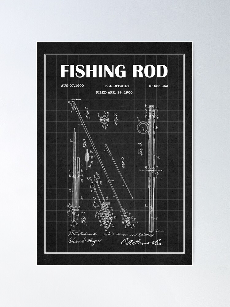 1900 Fishing Reel Patent - Fishing Rod patent blueprint- vintage drawing  art- black chalkboard - green chalkboard | Poster