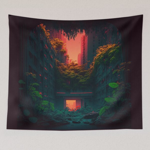 Item preview, neon city overgrown by plants designed and sold by TheArtfulNook.