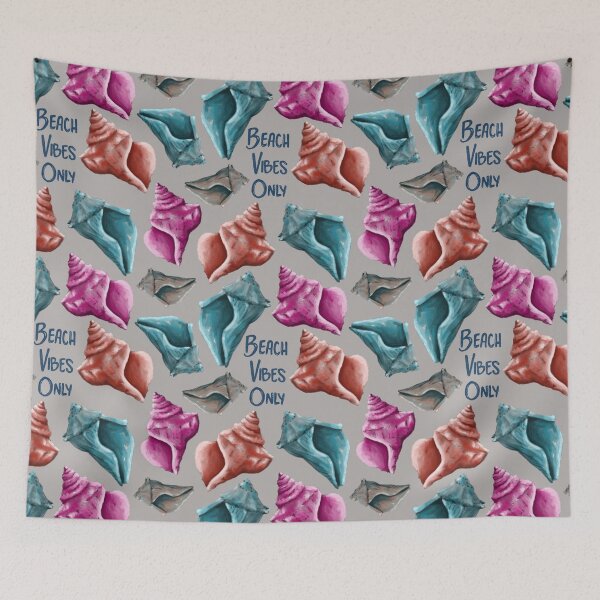 Item preview, Beach Vibes Only teal, pink, and red seashells on grey designed and sold by katerosestudios.