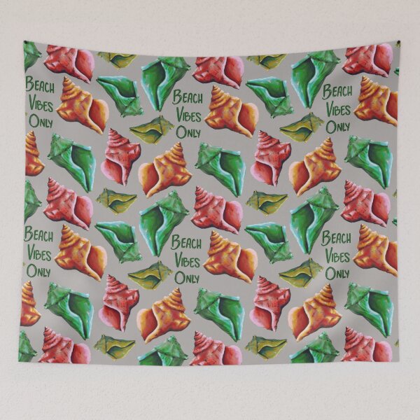 Item preview, Beach Vibes Only green, orange, and red seashells on grey designed and sold by katerosestudios.