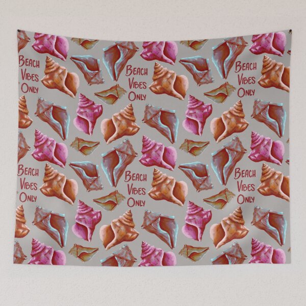 Item preview, Retro Beach Vibes Only teal, orange, and pink seashells on grey designed and sold by katerosestudios.