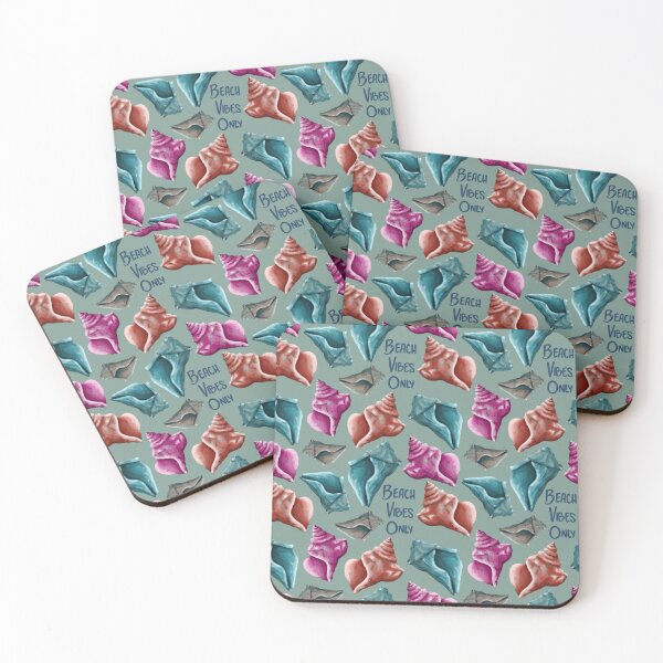 Item preview, Beach Vibes Only teal, pink, and red seashells on green designed and sold by katerosestudios.