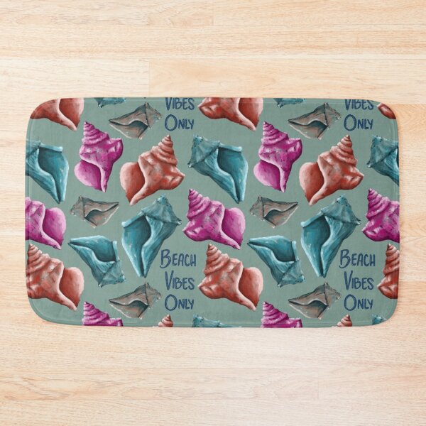 Item preview, Beach Vibes Only teal, pink, and red seashells on green designed and sold by katerosestudios.