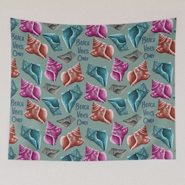 Item preview, Beach Vibes Only teal, pink, and red seashells on green designed and sold by katerosestudios.