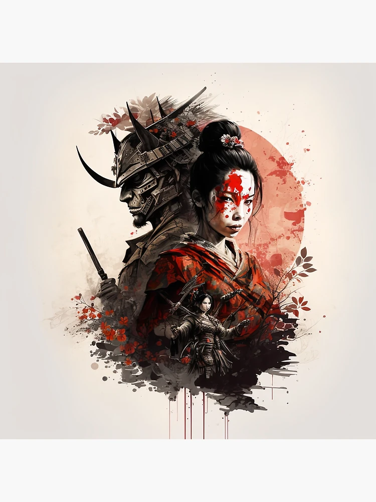 Japanese geisha with samurai warriors | Art Board Print