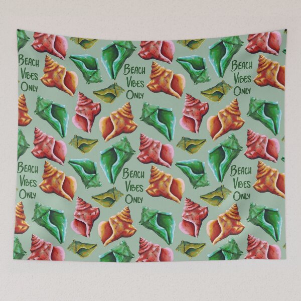 Item preview, Beach Vibes Only green, orange, and red seashells on green designed and sold by katerosestudios.