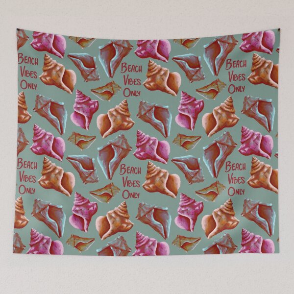 Item preview, Retro Beach Vibes Only teal, orange, and pink seashells on green designed and sold by katerosestudios.