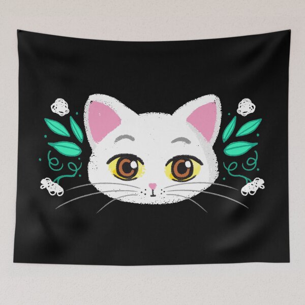 Item preview, White kitty with green leaves and flowers designed and sold by jasmineberry.