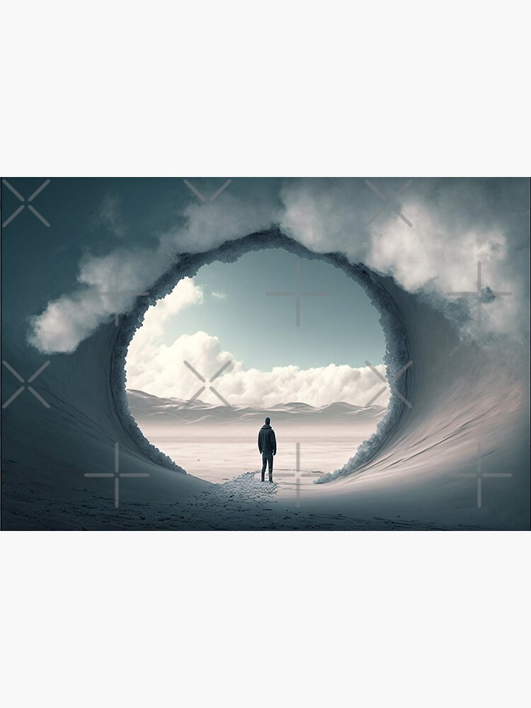 Window to the clouds abstract art man walking through a cloudy