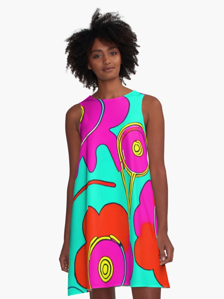 60s Style Neon Flowers ,gifts,funny cool flower A-Line Dress | A-Line Dress