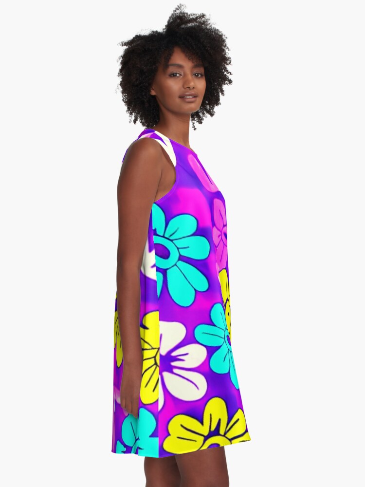 60s Style Neon Flowers ,Yallew And Blue Funny Cool Flower A-Line Dress |  A-Line Dress