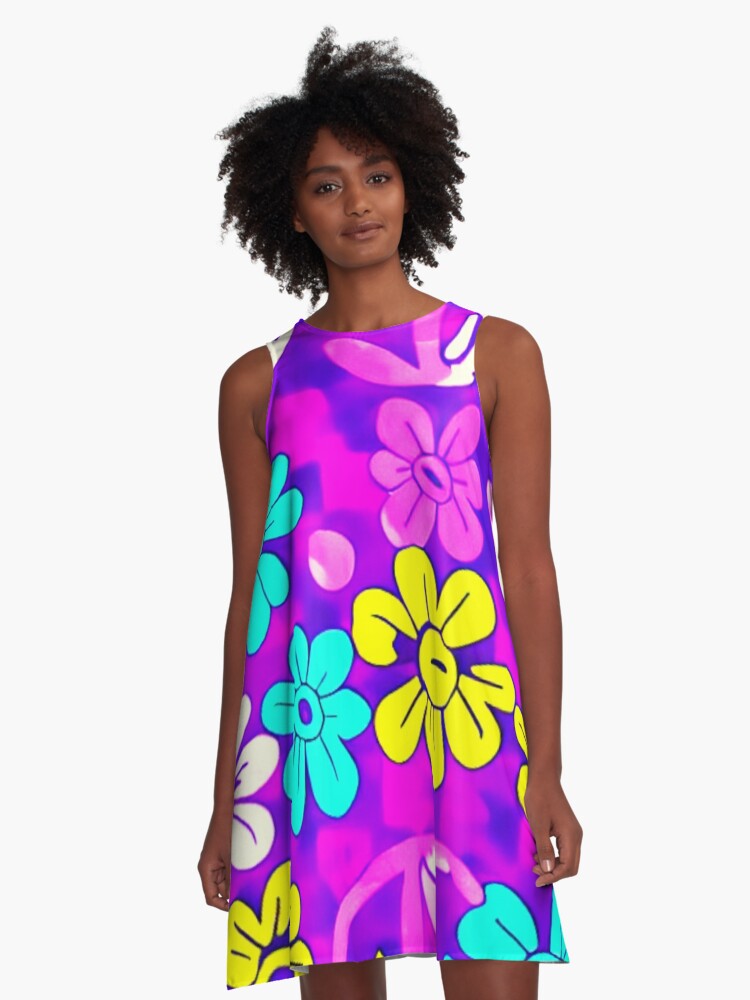 60s Style Neon Flowers ,Yallew And Blue Funny Cool Flower A-Line Dress |  A-Line Dress