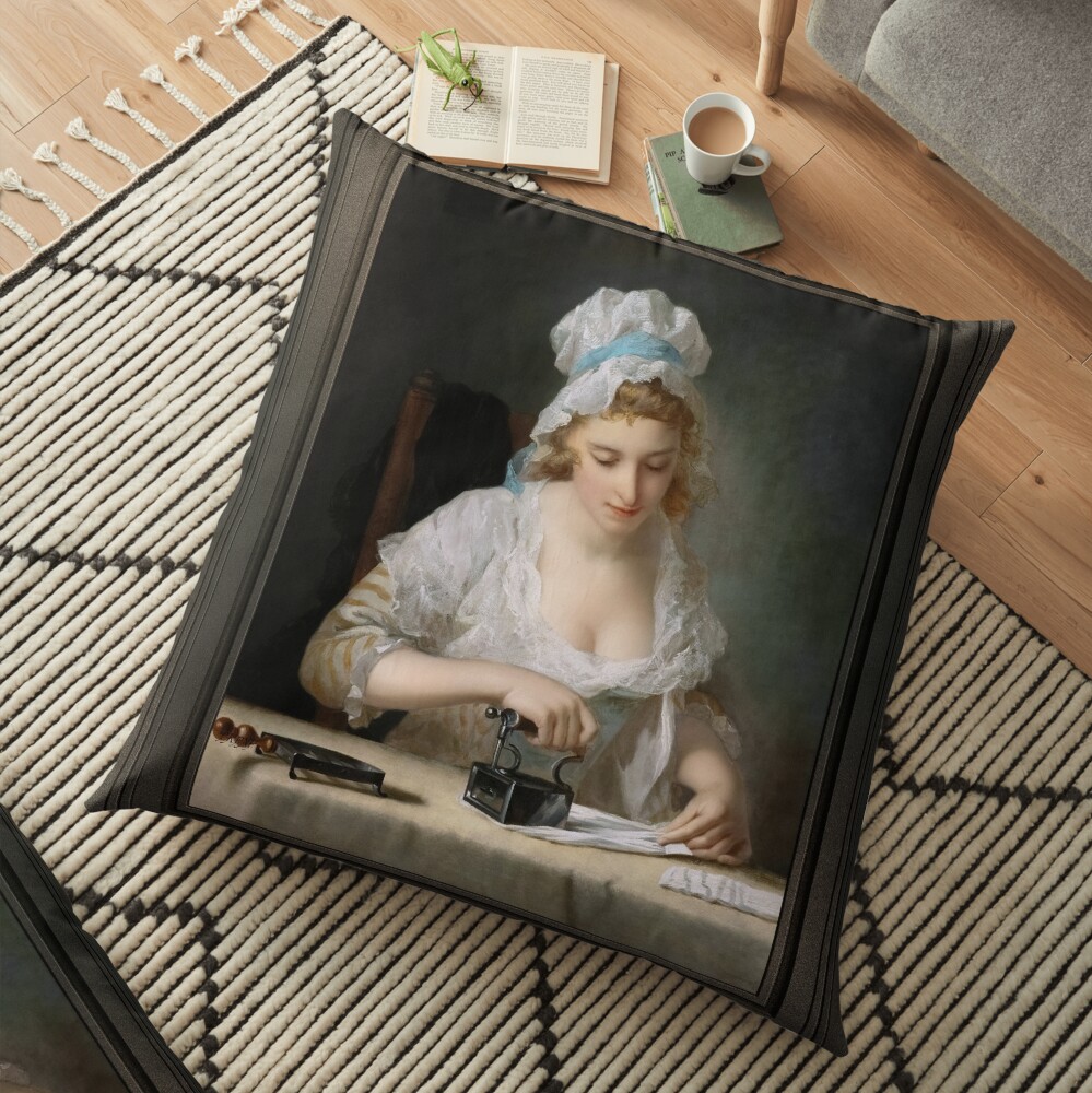 Laundry Maid Ironing by Henry Robert Morland - An Alluring Housekeeper 3 Laundry Maid Ironing by Henry Robert Morland Remastered Xzendor7 Classical Art Old Masters Reproductions Floor Pillow