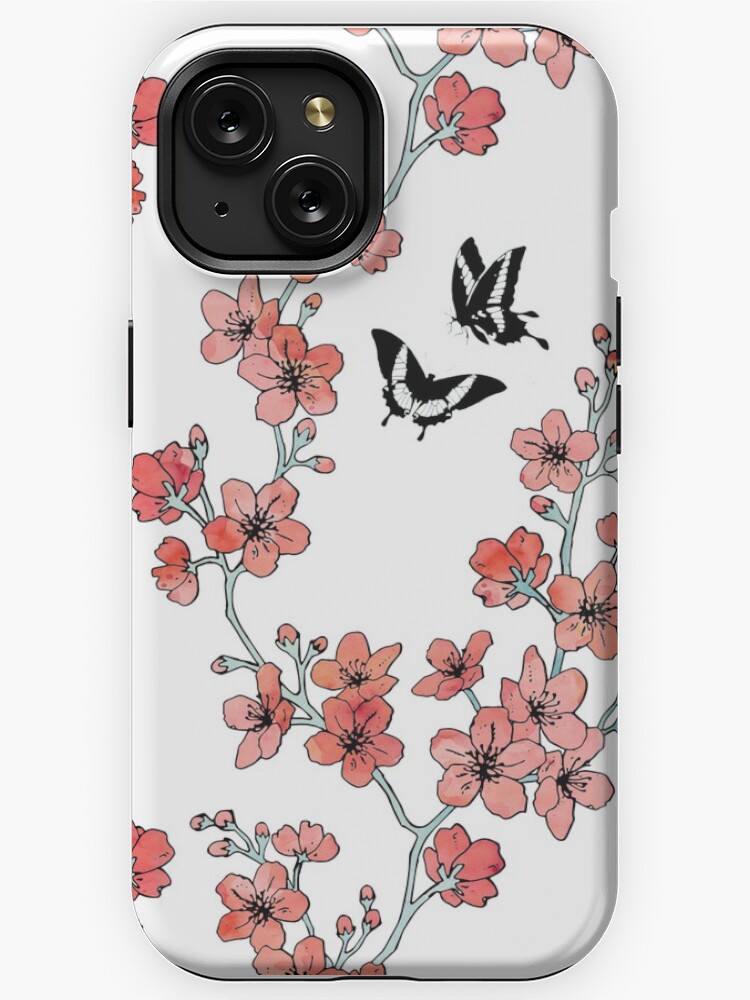 Thumbnail 1 of 4, iPhone Case, Sakura butterflies in peach pink watercolor designed and sold by adenaJ.