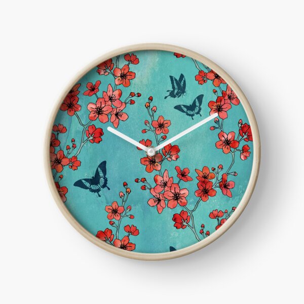 Sakura butterflies in turquoise Clock
