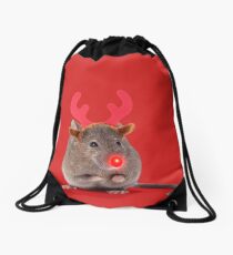 Mouse wearing Christmas antlers with red nose Drawstring Bag